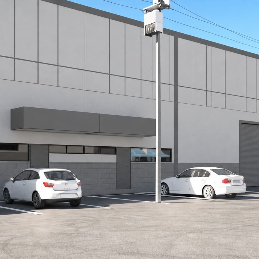 Fachada de nave industrial con oficinas y estacionamiento