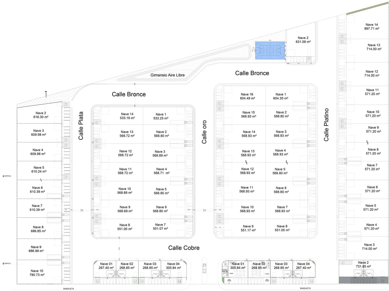 Plano general de Antares Techno Park con la distribución de naves por calle: Plata, Oro, Platino, Bronce, Cobre y Av. Fidel Velázquez